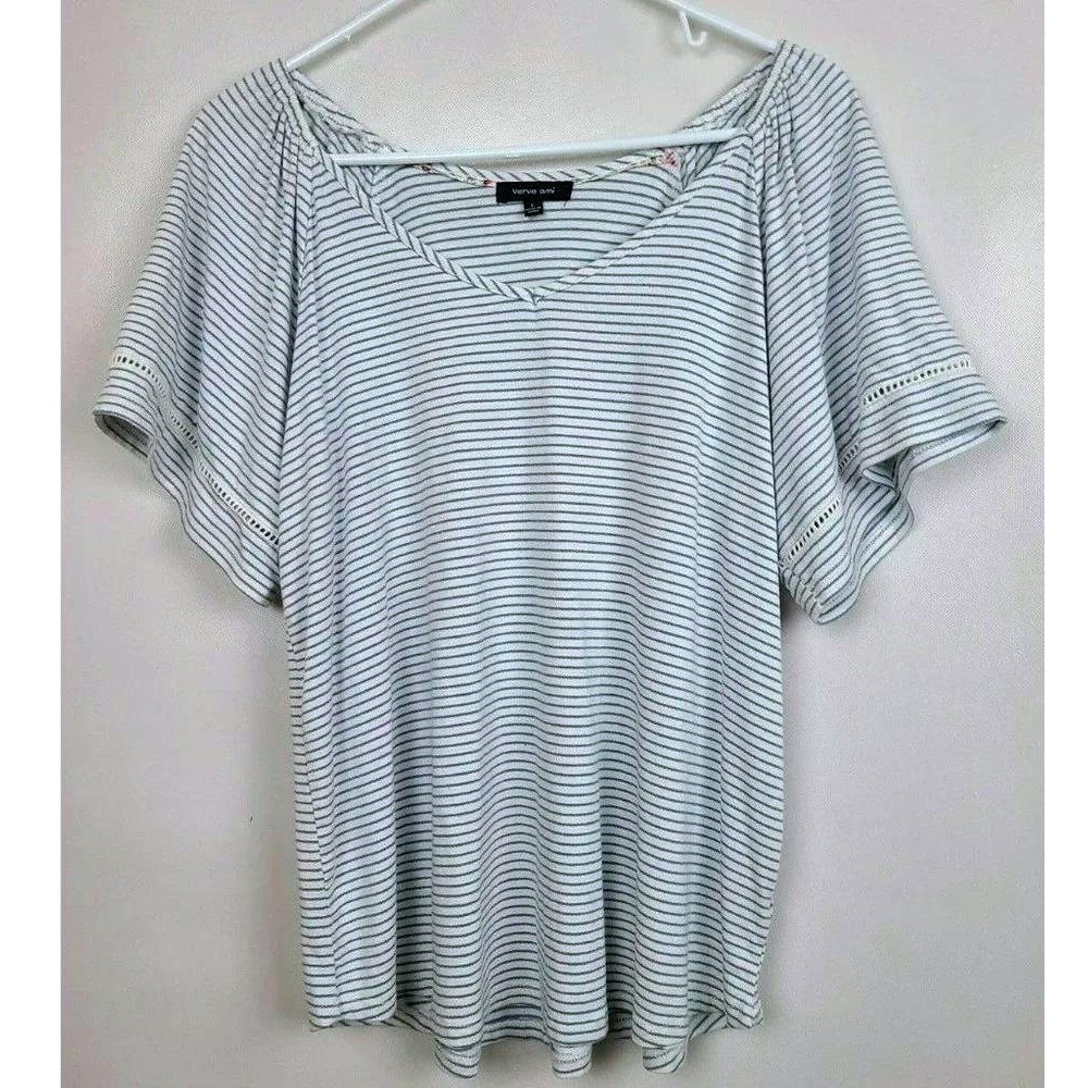 Verve Ami BOHO Top Womens‎ Large Blue White Striped Short Sleeve Casual Eyelet
